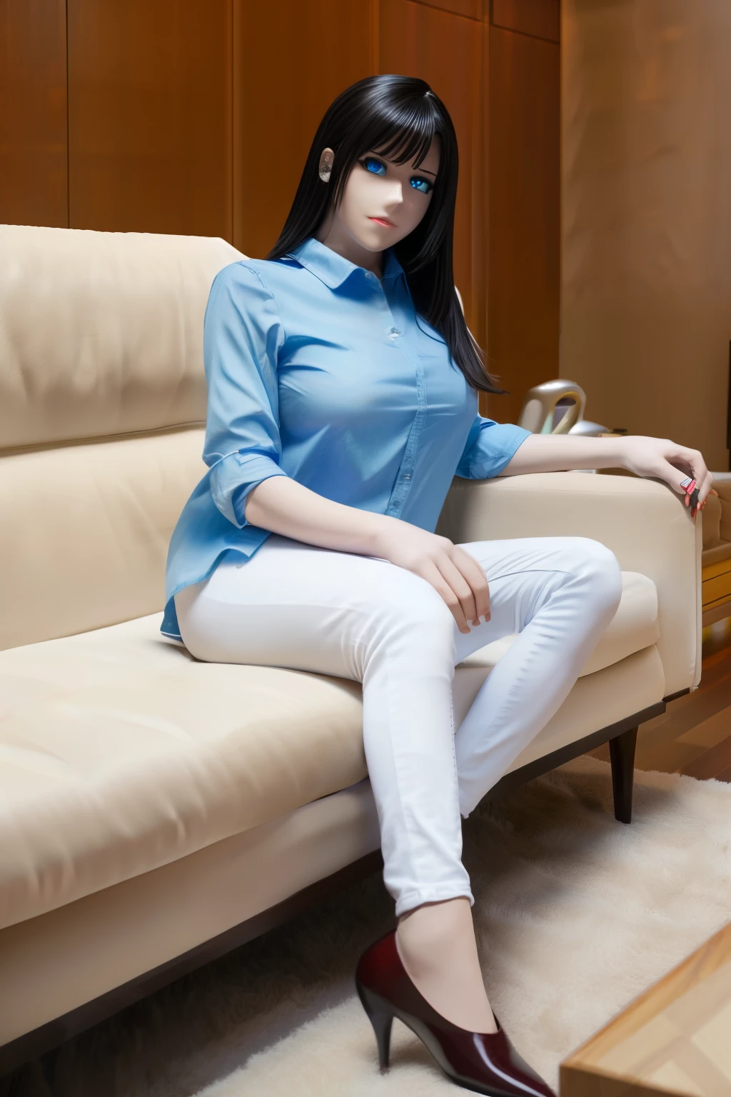 ultra high definition, highres, animatronic housewife, black hair, blue eyes, blue shirt, jeans, glowing eyes, on the couch, nsfw