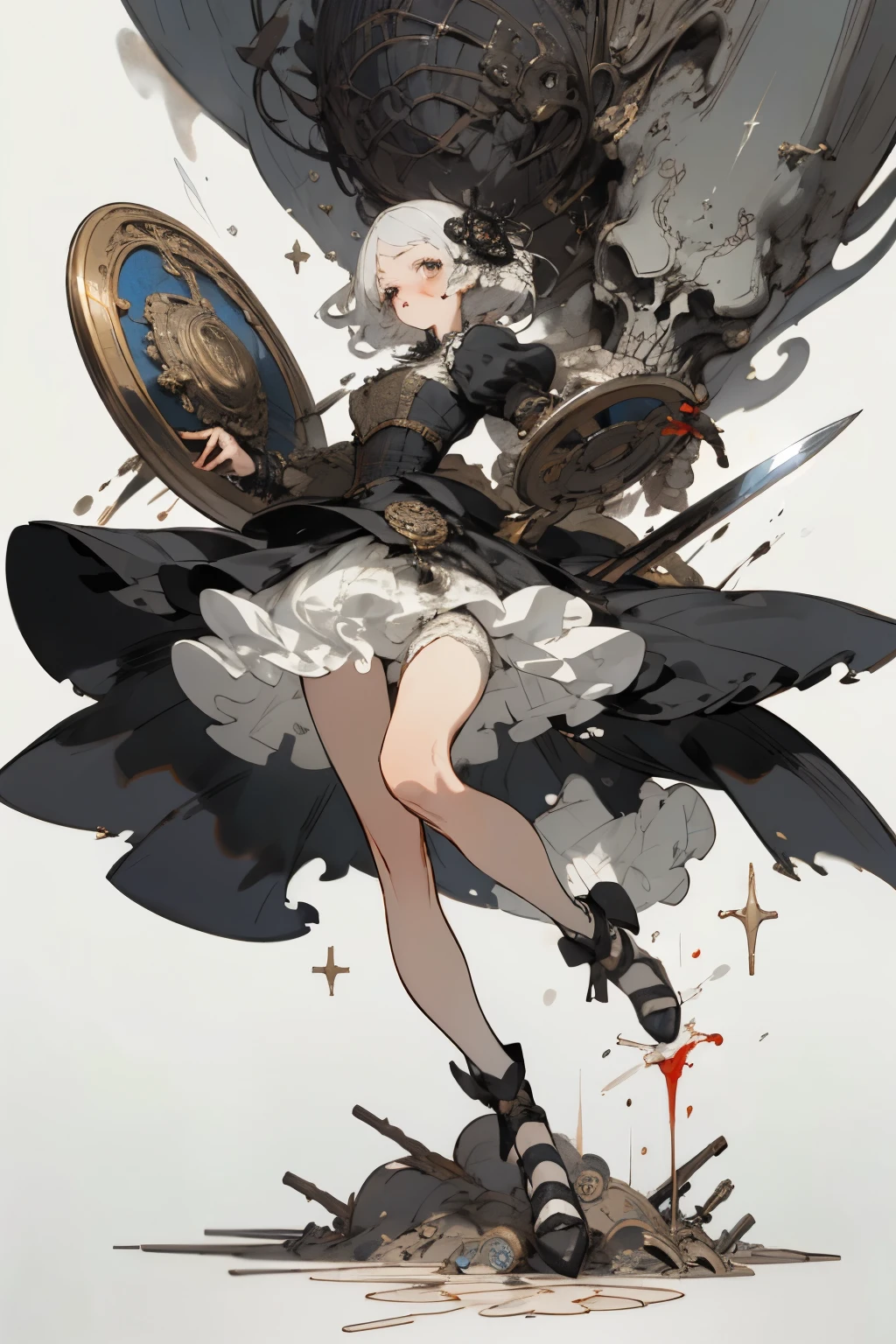 ((best quality)), ((masterpiece)), (detailed), perfect face ((best quality)), ((masterpiece)), (detailed), blank white background, plain background, white background, Bloodborne inspired, occult aesthetic, occult, detailed and intricate steampunk and detailed gothic, (zentangle, mandala, tangle, entangle), NSFW, torn clothing, Very dramatic and cinematic lighting, cosmic horror, grim-dark, side-lighting, perfect face, a beautiful goddess adorned and enshrined in armour, Bloodborne inspired , occult aesthetic , occult , detailed and intricate steampunk and detailed gothic , wielding a sword and holding a shield, NSFW, Fluttering lace flared short dress with frilly petticoats, knee length dress, pleated petticoats, lolita dress, petticoats gothic lolita, side-lighting, gothic lolita aesthetic, beautiful small breasts, small breasts, full body, whole body, body, plain background, white background, blank background, no background, white background NSFW, full body, whole body, head-to-toe