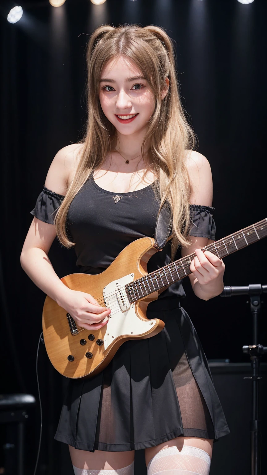 ((best quality)), photorealistic, photorealism, Photorealistic, high resolution、Naked 、Red checked knee-length skirt、Long skirt、JK Style、smile、Knee-high socks、Thigh-high socks、pantyhose、A superb beauty、Super cute、ennui、Rare beauty、pony tail hair、Black Dark Eyeshadow、Sad、white skin、pale skin、pony tail hair、Dark Gothic Makeup、Cute Smile、Fragrant beauty、Stained glass background、Mastepiece、Best Quality、Refers to 5 books、Sweat glistening on my chest、Sweat glistening on my face、Small breasts、Blonde hair、Age 20 years old、Mysterious look、A sad expression、Blonde Hair、mysterious gothic church、enchanting castle、Sweating profusely all over the body、A lot of sweat and light on the thighs、Shiny thighs、Plenty of sweat glistening on the thighs、A large amount of sweat glistens on my thighs、Sweating profusely、Gal、Medium breasts、beautiful face、Alluring expression、Thin thighs、Playing electric guitar、I have an electric guitar、Sing a song enthusiastically、Playing guitar in a band、Playing guitar chords、Live House Background、Sing a song、Open your mouth、Live house scenery、Mike stand、Glamorous live stage、Dynamic Angle、cinematic lighting