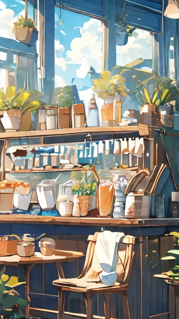 (masterpiece:1.2), highest quality,Pixiv,Pleasant animation scenes,
scenery, No humans, null, plant, window, food, cloud, Day, cup, shelf, wood, bottle, table, Bottle, Day光, blue null, indoor, potted plant, bread, dish, Chair, shop, Fan, 
 