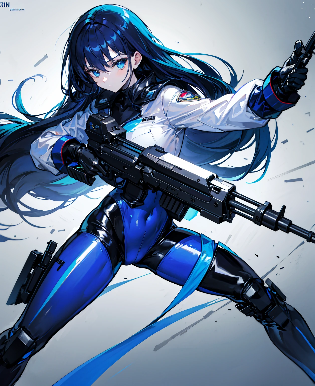 There is no background，girl，Carry a firearm，Patent leather tight suit，Use of firearms，Navy blue long hair，attention arousal，Blue colored eyes,No gradients