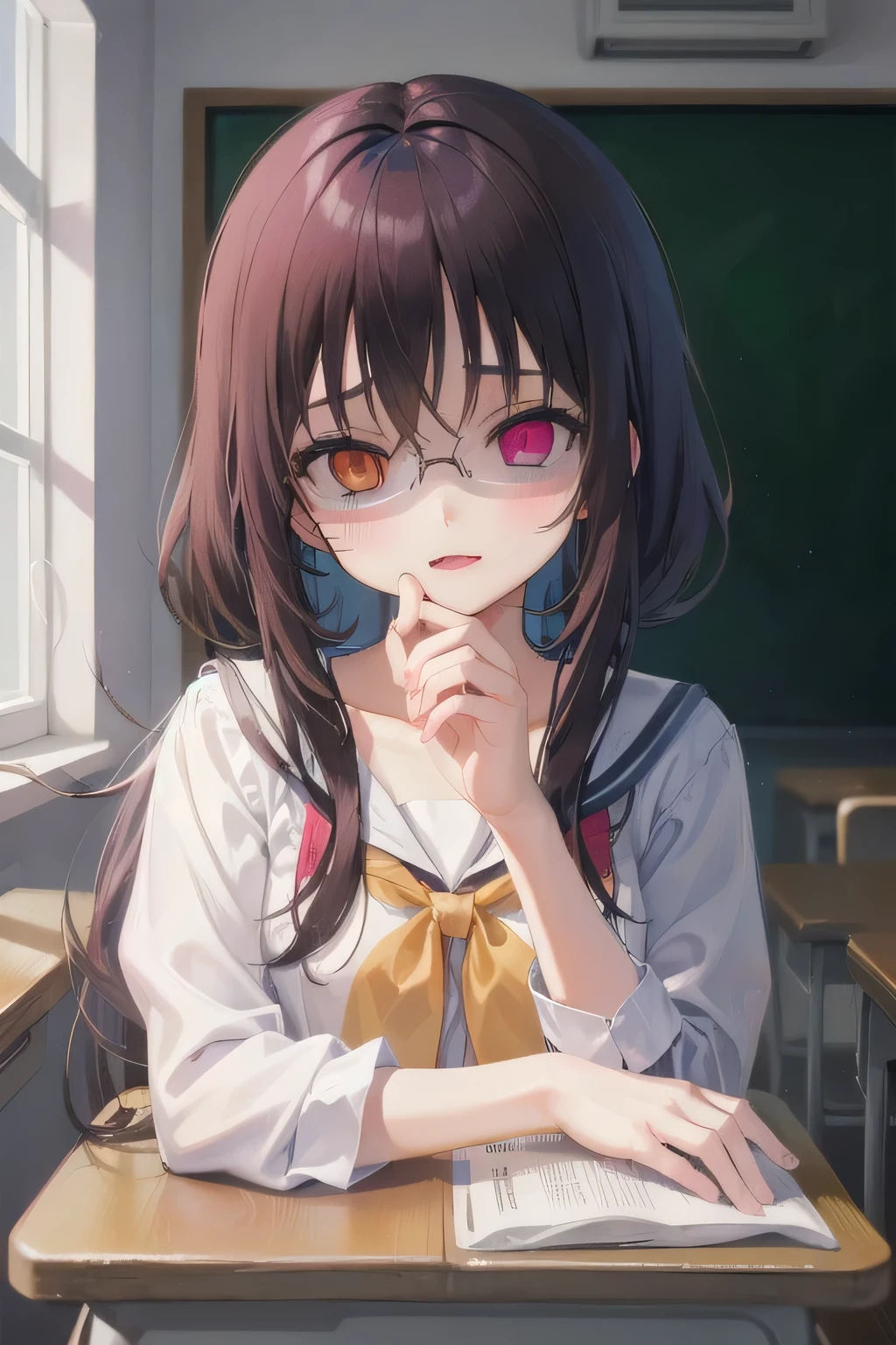 (Tabletop:1.0), (highest quality:1.4), (High resolution:1.2), From the side,Sharp contours, boyish, highest quality, masterpiece,Glasses,Voice of the Heart,yandere,Browsing Caution,classroom,nude,facial,Excessive ,Chest to chest,Upper Body,Ecstasy,saliva,blush,Squint your eyes,Heterochromia iridis