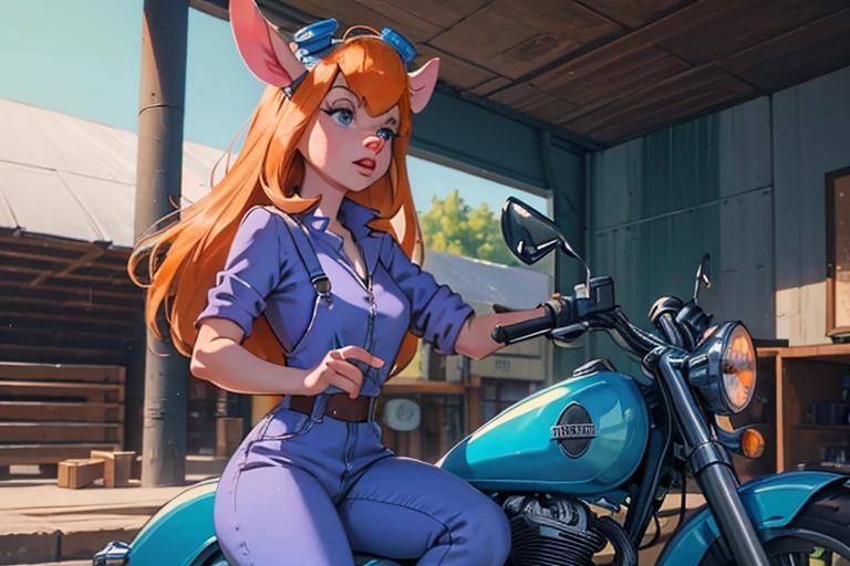 {{gadget_hackwrench}}, looking aside, {long orange hair}, {in a vintage '50s blue overalls}, riding an red old style motorcycle, dynamic pose for speed riding, (focused look), gh_clothes, gh_goggles, (high quality:1.2), masterpiece, detailed, hi res, 4k, sharp focus