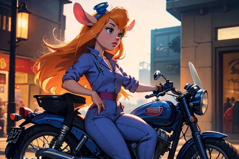 {{gadget_hackwrench}}, looking aside, {long orange hair}, {in a vintage '50s blue overalls}, riding an red old style motorcycle, dynamic pose for speed riding, (focused look), gh_clothes, gh_goggles, (high quality:1.2), masterpiece, detailed, hi res, 4k, sharp focus