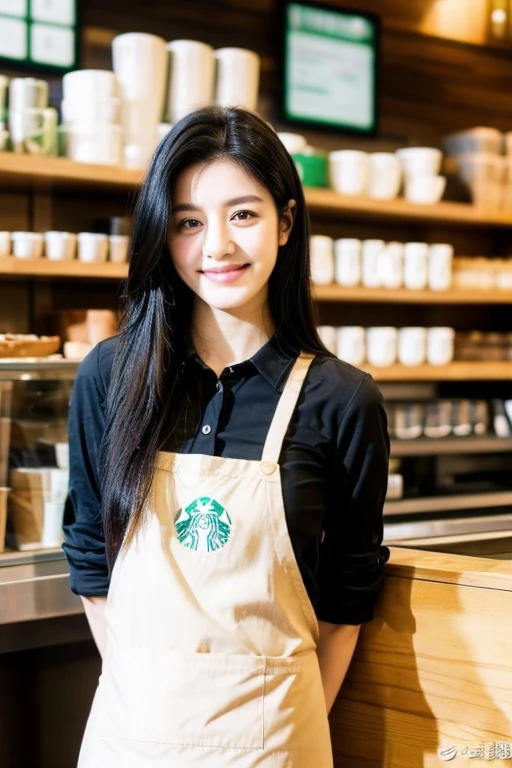 Black Hair sleek long hair 22 years old double fang mischievous parted lips Wise eyes big ears refreshing Natural Makeup Ultra-realistic Starbucks ribbed knit and apron skinny pants Mole Starbucks Employee she'Brewing coffee stylish Height 160cm three size: 110.62.85