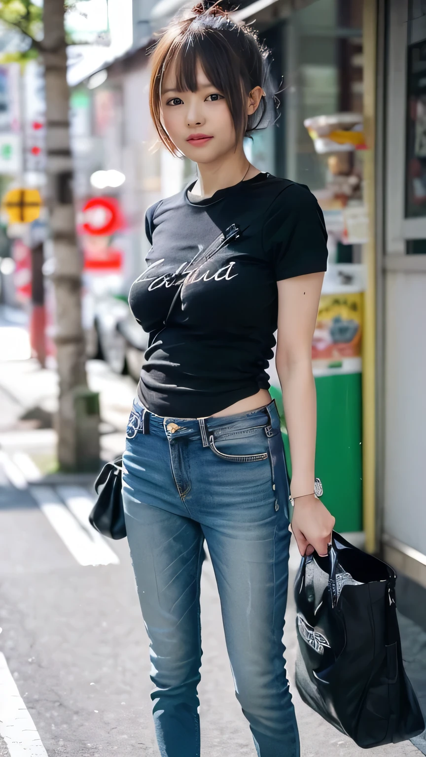 (Woman standing on Tokyo street:1.4)、(Realistic、Like a photograph、Live Action、8k, Realistic, RAW Photos, Best image quality: 1.4), Single-lens reflex camera、RAW Photos, highest quality, Realistic, Very detailed CG Unity 8k wallpaper, Written boundary depth, Cinematic Light, Lens flare, Ray Tracing, Realistic background、(paisla:1.5、A tight fitting black t-shirt:1.4、skinny pants:1.4、(Small breasts:0.5))、((Silver Inner Color Hair:1.1))、 1 female,Cute Japanese Girl、((whole body:1.5))、Medium Hair:1.2、Short Ponytail、I like that style、stylish、Very detailed、Pay attention to the details、Perfect outfit、(White skin)、Beautiful feet:1.1、View from the front、Accurate Arm、Meet on a street corner