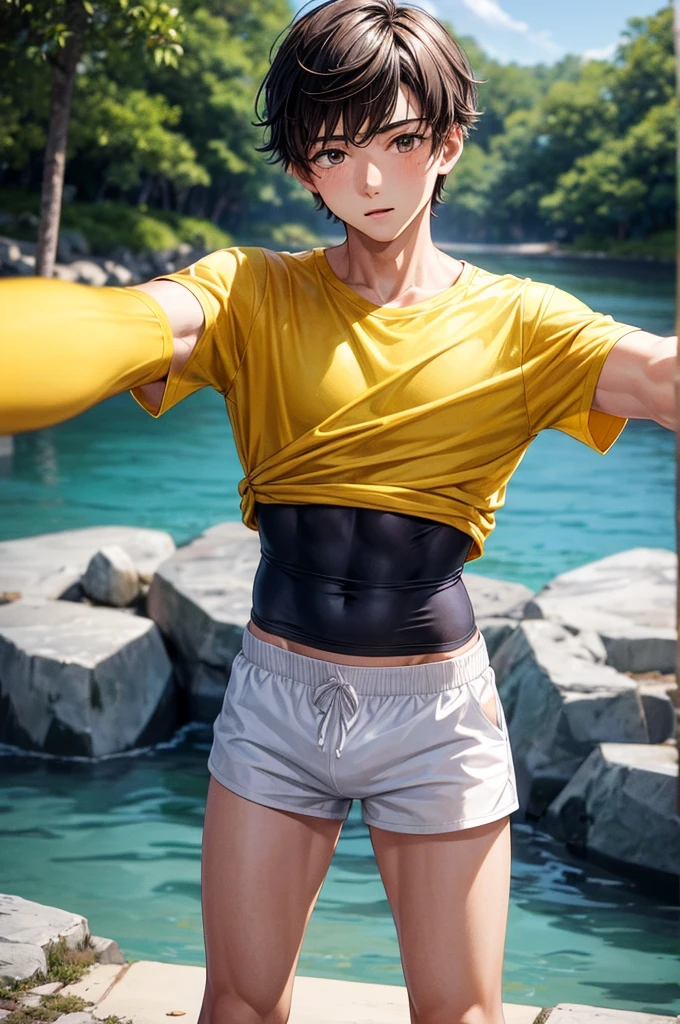 high resolution, sharp focus, Pixiv masterpiece, ((intricate details)), Very detailed, natsuki_subaru, 1 person, Smile, golden eyes(eyes glow), black hair color hair,white shorts,shirtless,abdominal muscles,looking from bottom to top,simple background