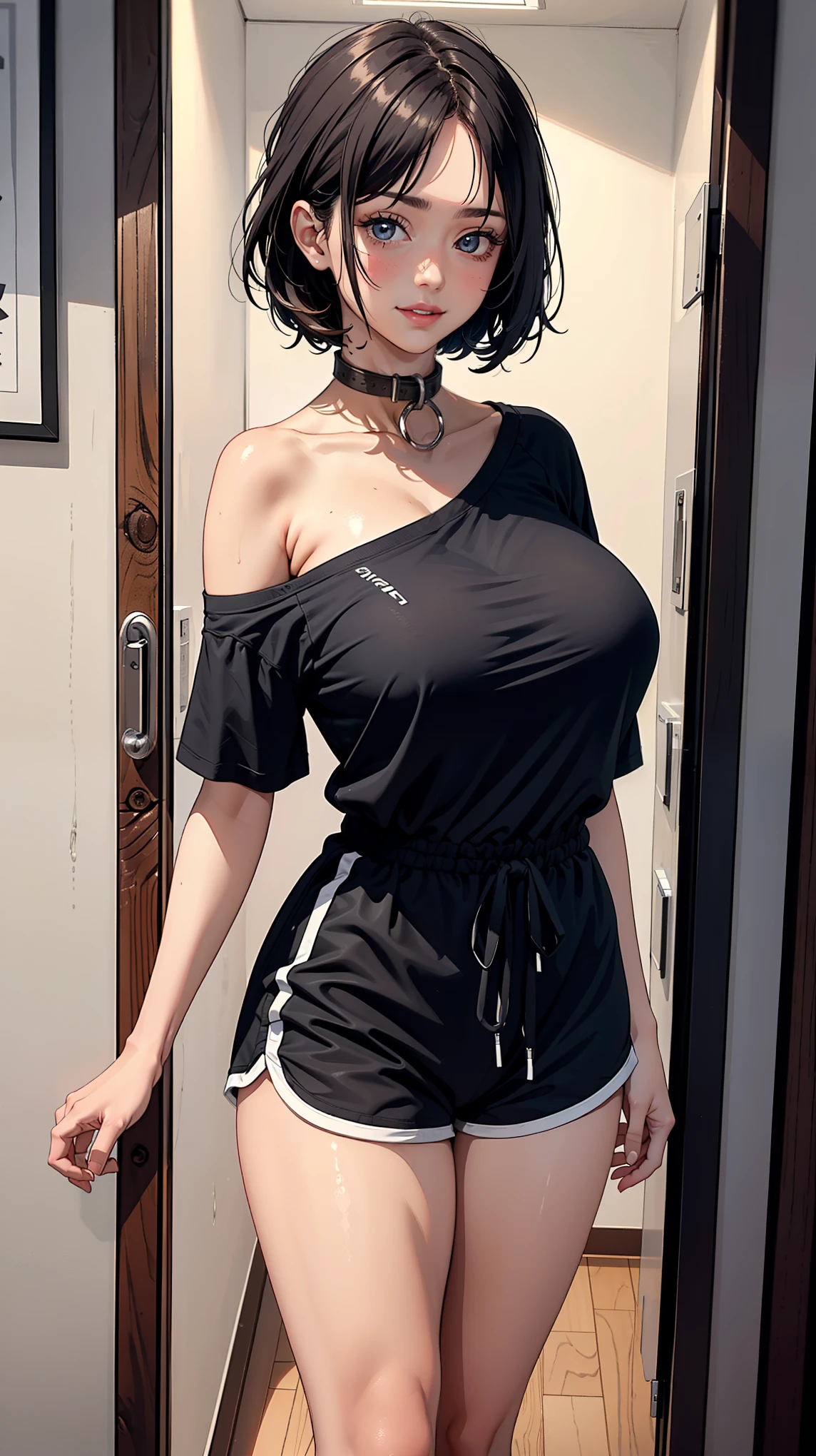 (Tomboy), , dark hair, masterpiece, narrow waist,huge breast, blush, detail body, indoor, detail eyes, cg, standing, smile, (from front), dolphin shorts, (single bare shoulder shirt short), metal collar