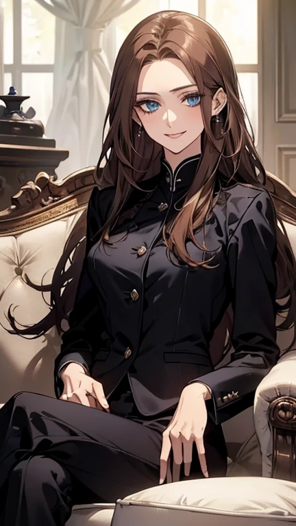 (highest quality,High resolution,Very detailed),1 girl, Beautiful and elegant light blue eyes, Brown Hair, Cold Smile,Straight long hair tied back, Wearing a black suit, Mature Woman, Age 25,Cruel smile, Calm and Calm,secretary, Slim figure, Pale complexion, thin, Calm, sofa,Sitting cross-legged
