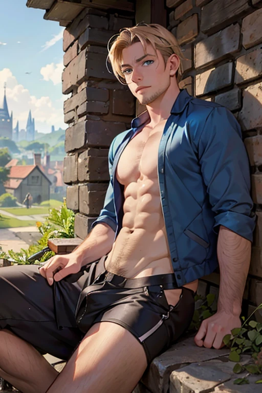 2 men, Photo-realistic, close-up. A 24-year-old male, medieval warrior, with shaved blonde hair, stubble, and blue eyes, shirtless, wearing gray leather shorts, and a 19-year-old, fit, handsome, medieval man with shaved, brown hair, slight stubble, and blue eyes, shirtless. They look blissfully at each other, cuddling with each other, leaning on a castle wall on a crisp spring morning.