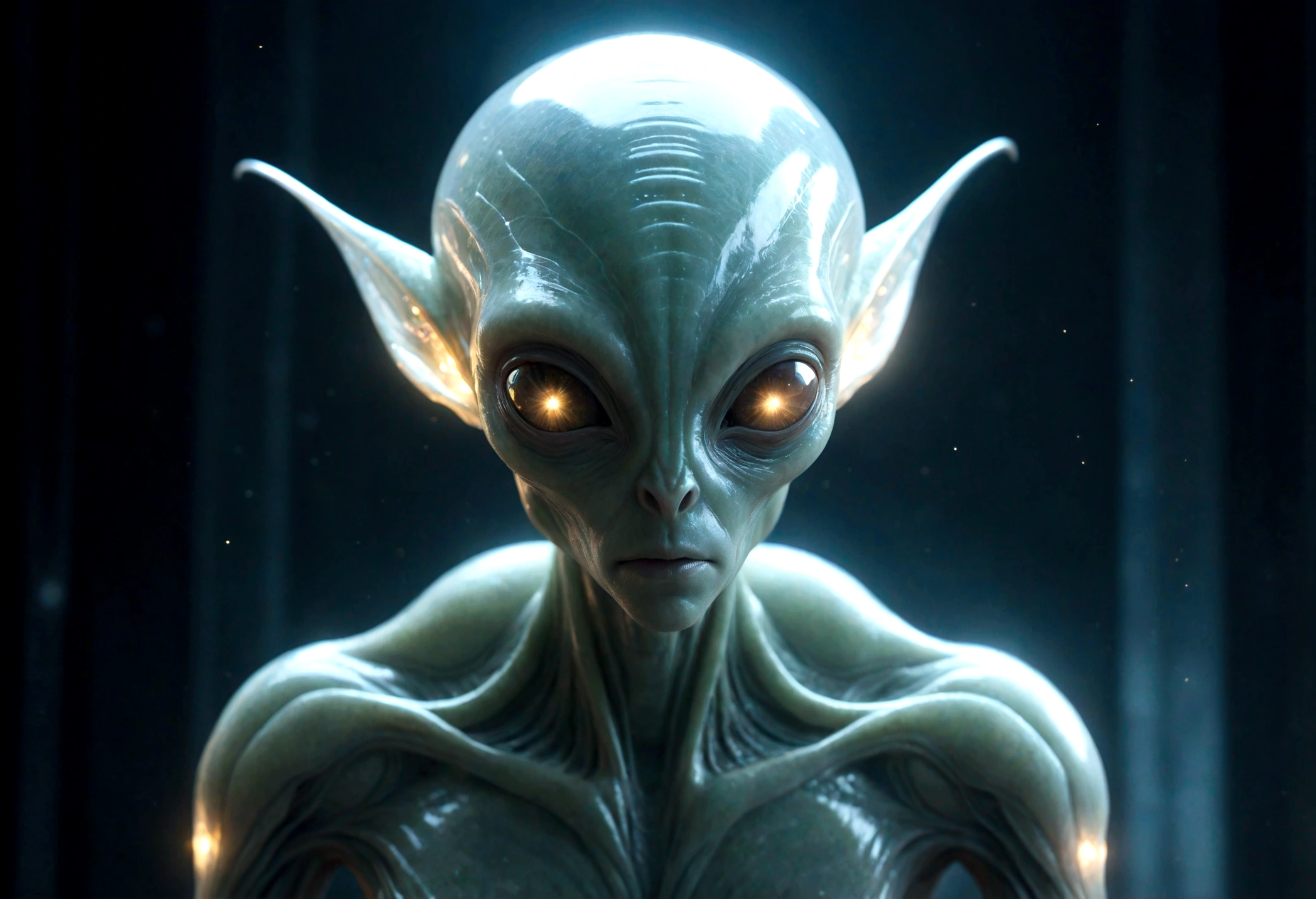 fantchar, a translucent ethereal alien with delicate features in a science fiction setting, brilhando por dentro, Sparks and lights, luar, lua, Close-up, Realistic, altamente detalhado, intrincado