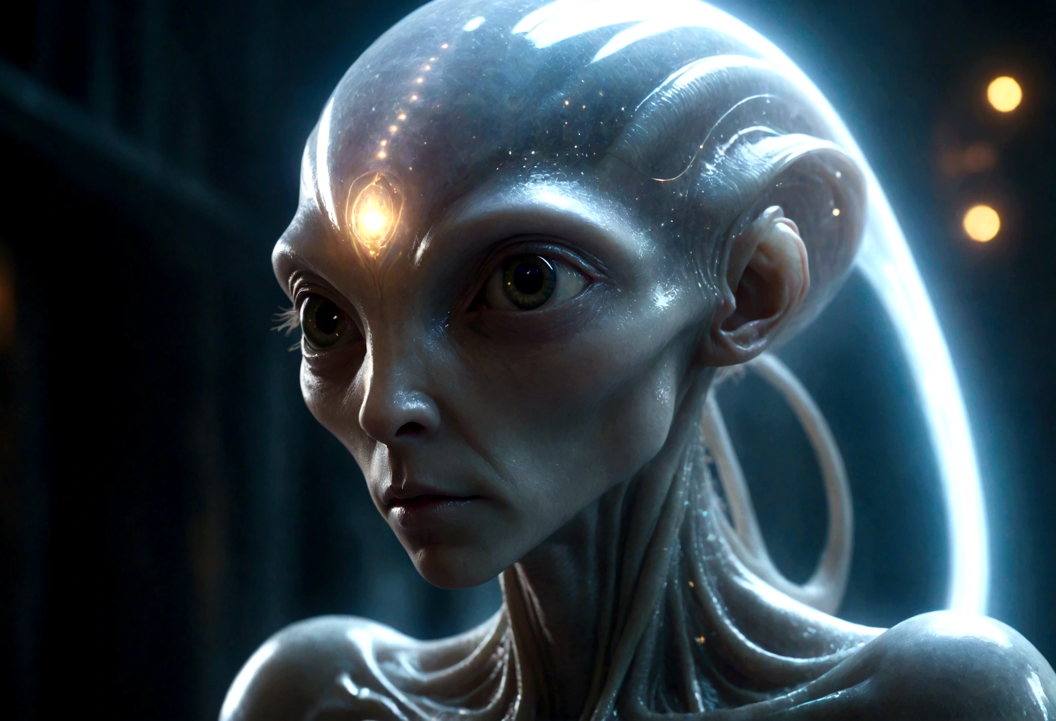 fantchar, a translucent ethereal alien with delicate features in a science fiction setting, brilhando por dentro, Sparks and lights, luar, lua, Close-up, Realistic, altamente detalhado, intrincado