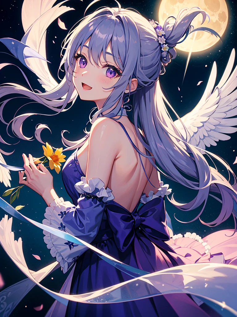 highest quality、Masterpiece、full moon、night、Flower Garden、One girl、Angel wings visible from the back、Gray Hair、long hair、Hair tied up、No Shadow、Big purple eyes、Green and blue dress、Open mouth smile、Flying in the sky
