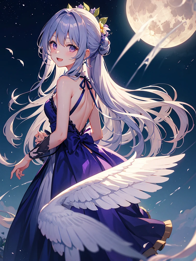 highest quality、Masterpiece、full moon、night、Flower Garden、One girl、Angel wings visible from the back、Gray Hair、long hair、Hair tied up、No Shadow、Big purple eyes、Green and blue dress、Open mouth smile、Flying in the sky