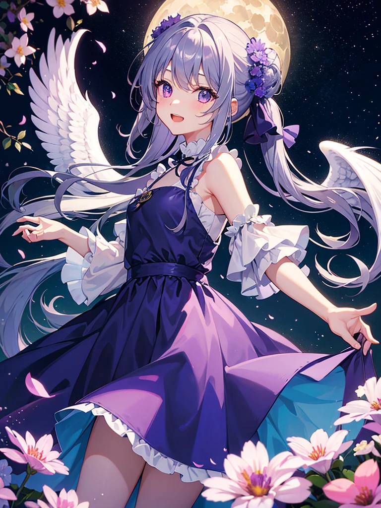 highest quality、Masterpiece、full moon、night、Flower Garden、One girl、Angel wings visible from the back、Gray Hair、long hair、Hair tied up、No Shadow、Big purple eyes、Green and blue dress、Open mouth smile、Flying in the sky