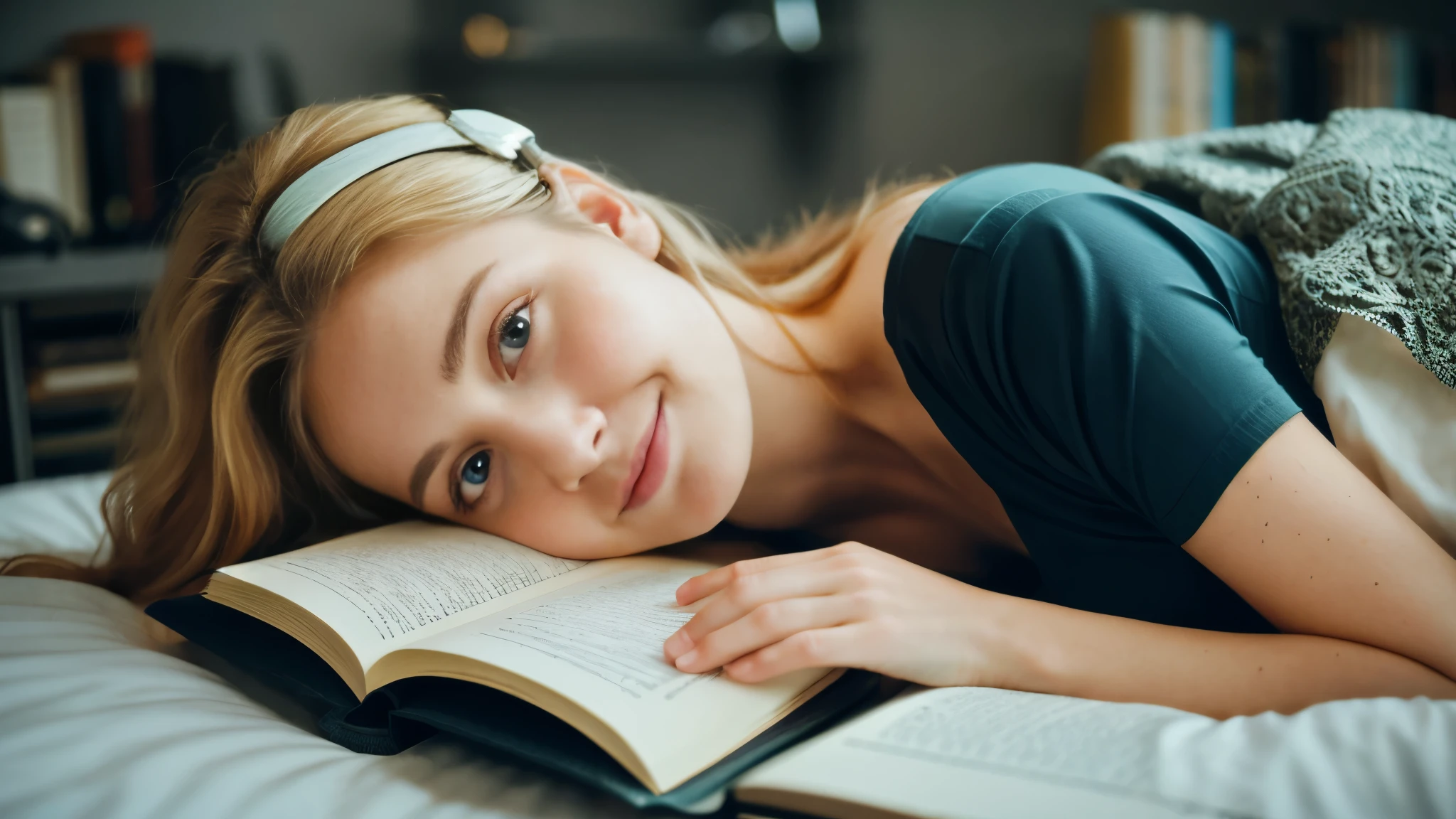 Beautiful blonde in a black dress (Reading a book in bed late at night),Wearing headphones,Very detailed, 21 years old, Innocent face, Naturally Wavy Hair, blue eyes, High resolution, masterpiece, highest quality, Intricate details, Very detailed, Clear focus, Delicate skin, practical skin texture, texture, Delicate eyes, Professional, 4K, Cute Smile, Shot with Canon, 85mm, Shallow and deep,  Kodak Vision Color, Exactly, Very detailed, photograph_\(Extremist\), photographpractical, practical, Post-processing, Maximum details, Roughness, Real Life, Extremist practical, Photorealism, photographgraphy, 8K Ultra HD, photographgraphy