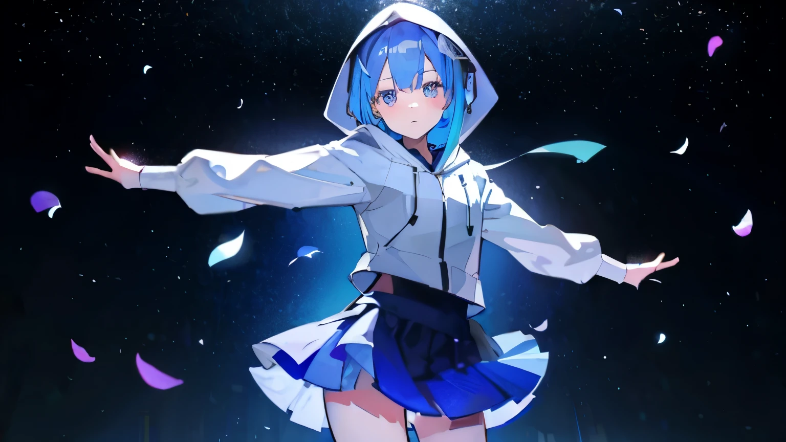 blue haired girl, dancing, whole body, girl wearing headphones, wearing a hoodie with a large hood, mini skirt, colorful petals dance around her, glassland, beautiful starry sky