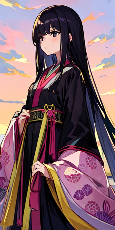 anime girl, wearing juunihitoe, all black uniform, long black hair with bangs, black eyes, beautiful, small breasts, stoic, slender