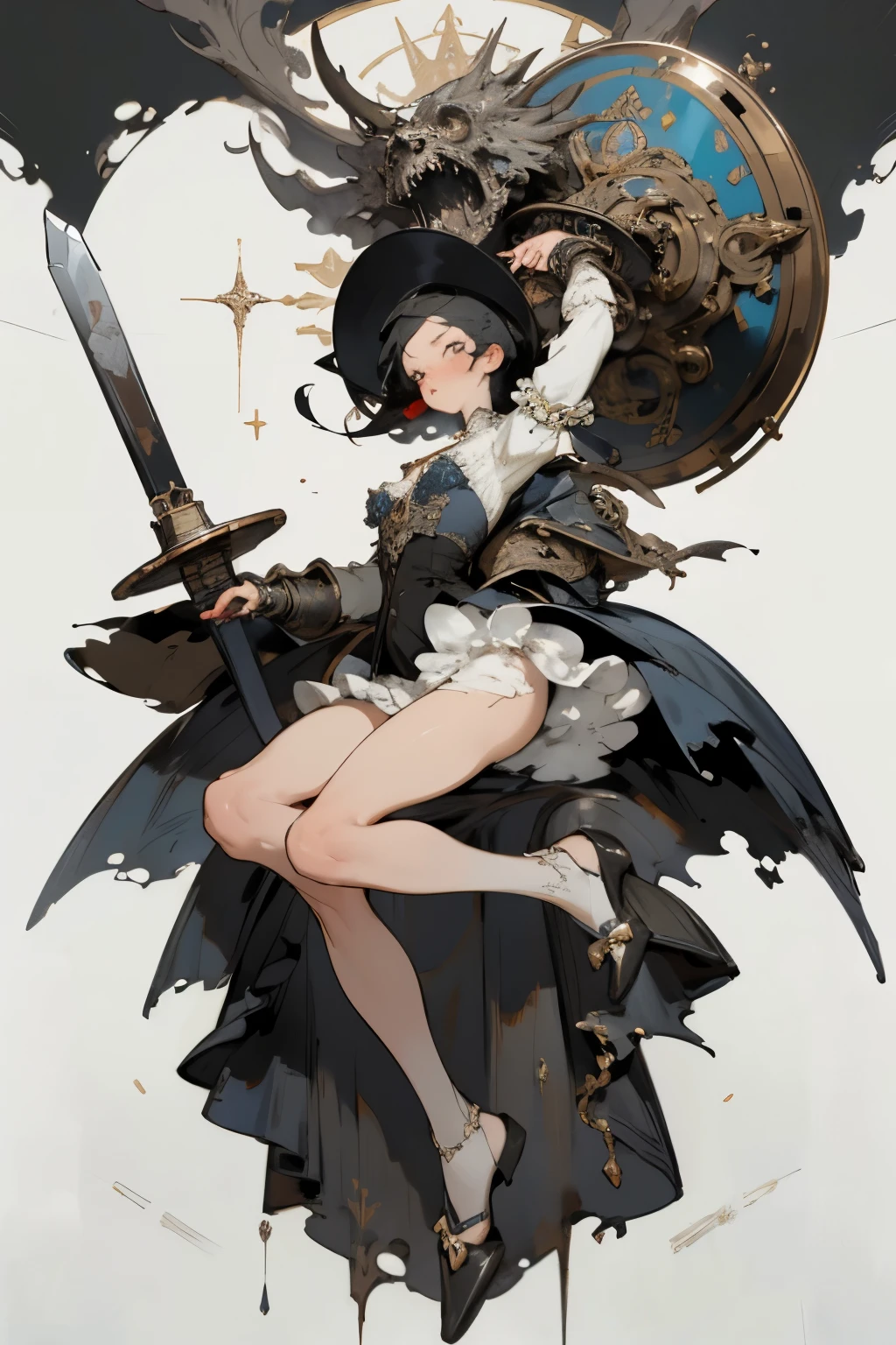 ((best quality)), ((masterpiece)), (detailed), perfect face ((best quality)), ((masterpiece)), (detailed), blank white background, plain background, white background, Bloodborne inspired,  occult aesthetic, occult, detailed and intricate steampunk and detailed gothic, (zentangle, mandala, tangle, entangle),  NSFW, torn clothing, Very dramatic and cinematic lighting, cosmic horror, grim-dark, side-lighting, perfect face, a beautiful goddess adorned and enshrined in armour, Bloodborne inspired , occult aesthetic , occult , detailed and intricate steampunk and detailed gothic , wielding a sword and holding a shield, NSFW, Fluttering lace flared short dress with frilly petticoats, knee length dress, pleated petticoats, lolita dress, petticoats gothic lolita, side-lighting, gothic lolita aesthetic, beautiful small breasts, small breasts, full body, whole body, body, plain background, white background, blank background, no background, white background NSFW, full body, whole body, head-to-toe