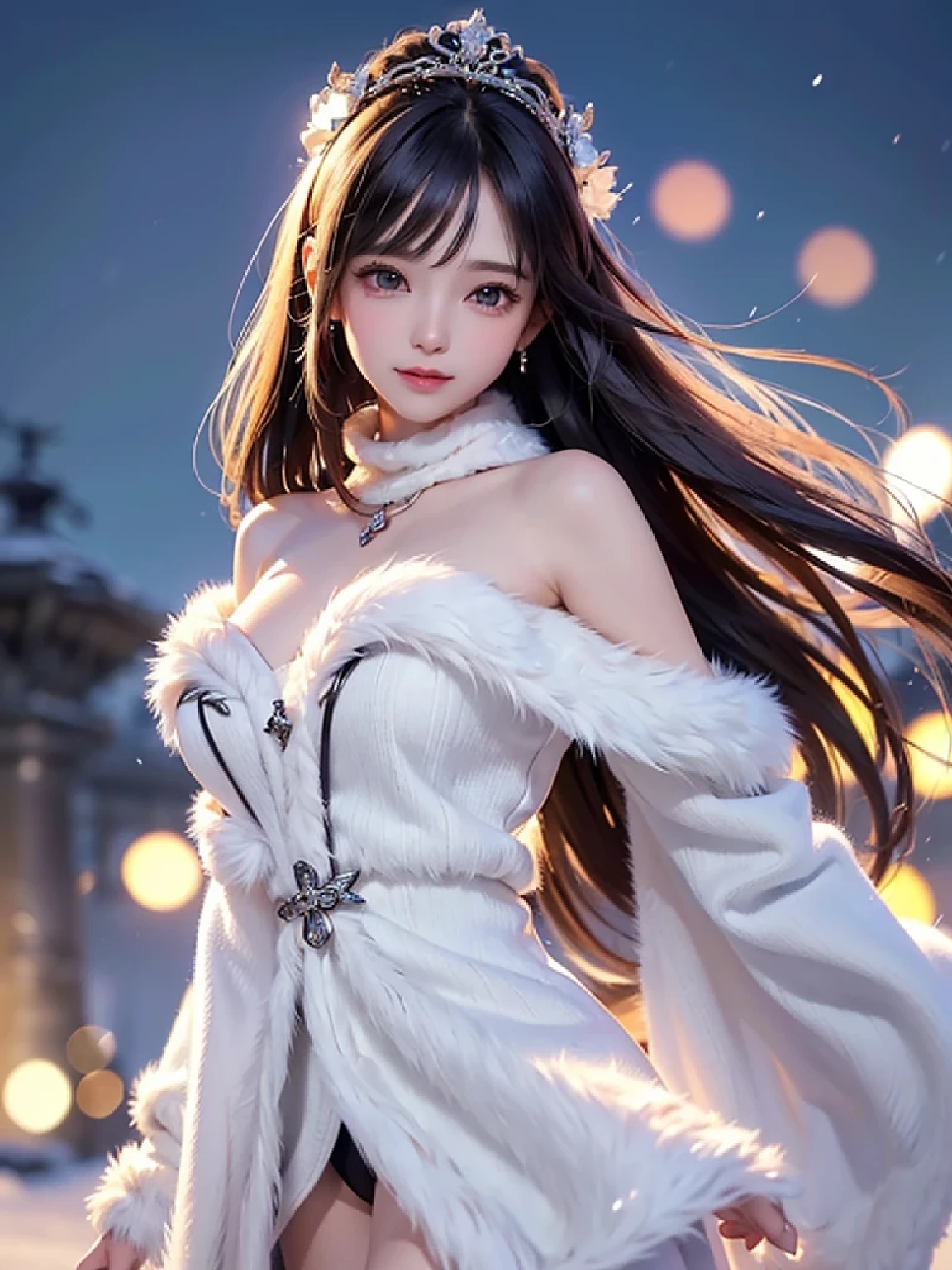 ((masterpiece:1.5、8k、Portrait、Photorealistic and very detailed CG、Very detailed、Particle Effects、Dynamic Effects、Shallow depth of field、Cinematic Light、Lens flare、Ray Tracing、Tabletop、Realistic:1.4、超A high resolution:1.2、Realistic、Realistic))((alone、,Woman wearing an off-the-shoulder fur sweater:1.4、Wear a long scarf、Elegant woman posing:、Detailed face、brightexpression、young, bright, Whiter skin、Ample breasts、Best Looks、Ultimate beauty、Shiny silver hair with highlights、Bright and shiny hair,、Super long, Silky straight hair、Hair dancing in the wind))(morning、The setting is outdoors in the snow、Surrounded by illuminations)
