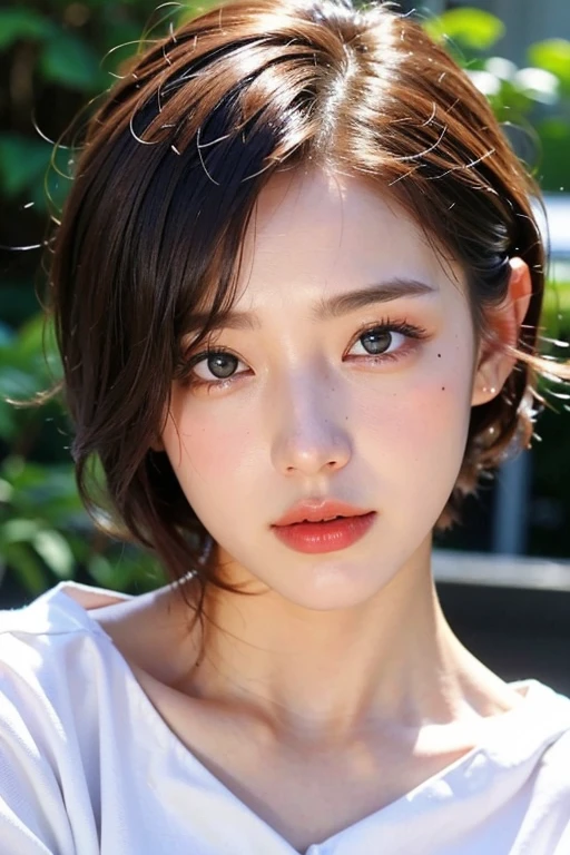 One girl,  Small breasts,, (8k, RAWphotograph, highest quality, masterpiece:1.2),(Realistic, photo-Realistic:1.37),Very delicate and beautiful,photograph,8k,In detail,Beautiful fine details,highest quality,Ultra-high resolution,((Very detailed)),(photo-Realistic:1.37),(((short hair)))、((right eye:Mole on outer corner of eye))、((Narrow waist))、(slender)、(office)、((White shirt))、Black Skirt、double eyelid、Close your left eye
