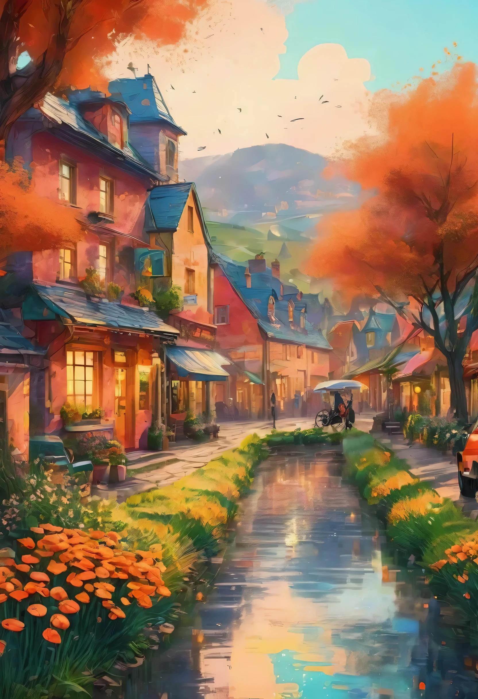 (Postman delivering letters),(highest quality,4K,8k,High resolution,masterpiece:1.2),Long Shot、Super detailed,Base Rendering,Very detailed explanation,Professional,Vibrant colors,Bokeh,Retro,sketch,(Digital Art:1.4),Impressionist effect,(The background of a rural town is depicted prominently.:1.2), reflection,Eyes shining with hope,Psychedelic aesthetics,Red and orange color palette,Soft Shadows,Exquisite detail