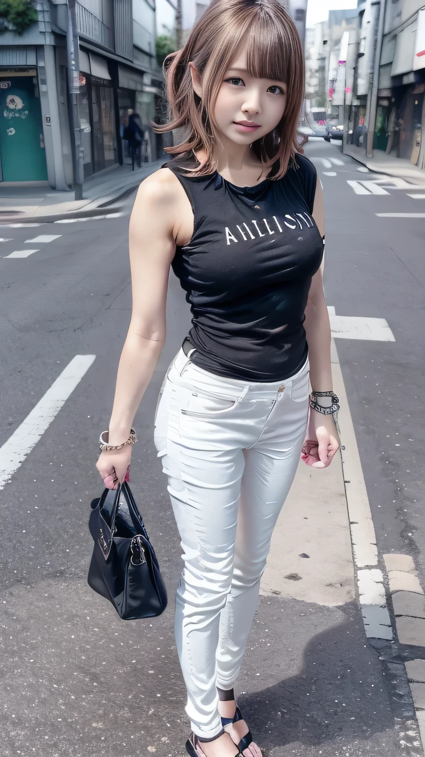 (Woman standing on Tokyo street:1.4)、(Realistic、Like a photograph、Live Action、8k, Realistic, RAW Photos, Best image quality: 1.4), Single-lens reflex camera、RAW Photos, highest quality, Realistic, Very detailed CG Unity 8k wallpaper, Written boundary depth, Cinematic Light, Lens flare, Ray Tracing, Realistic background、(paisla:1.5、A tight fitting black t-shirt:1.4、skinny pants:1.4、(Small breasts:0.5))、((Silver Inner Color Hair:1.1))、 1 female,Cute Japanese Girl、((whole body:1.5))、Medium Hair:1.2、Short Ponytail、I like that style、stylish、Very detailed、Pay attention to the details、Perfect outfit、(White skin)、Beautiful feet:1.1、View from the front、Accurate Arm、Meet on a street corner