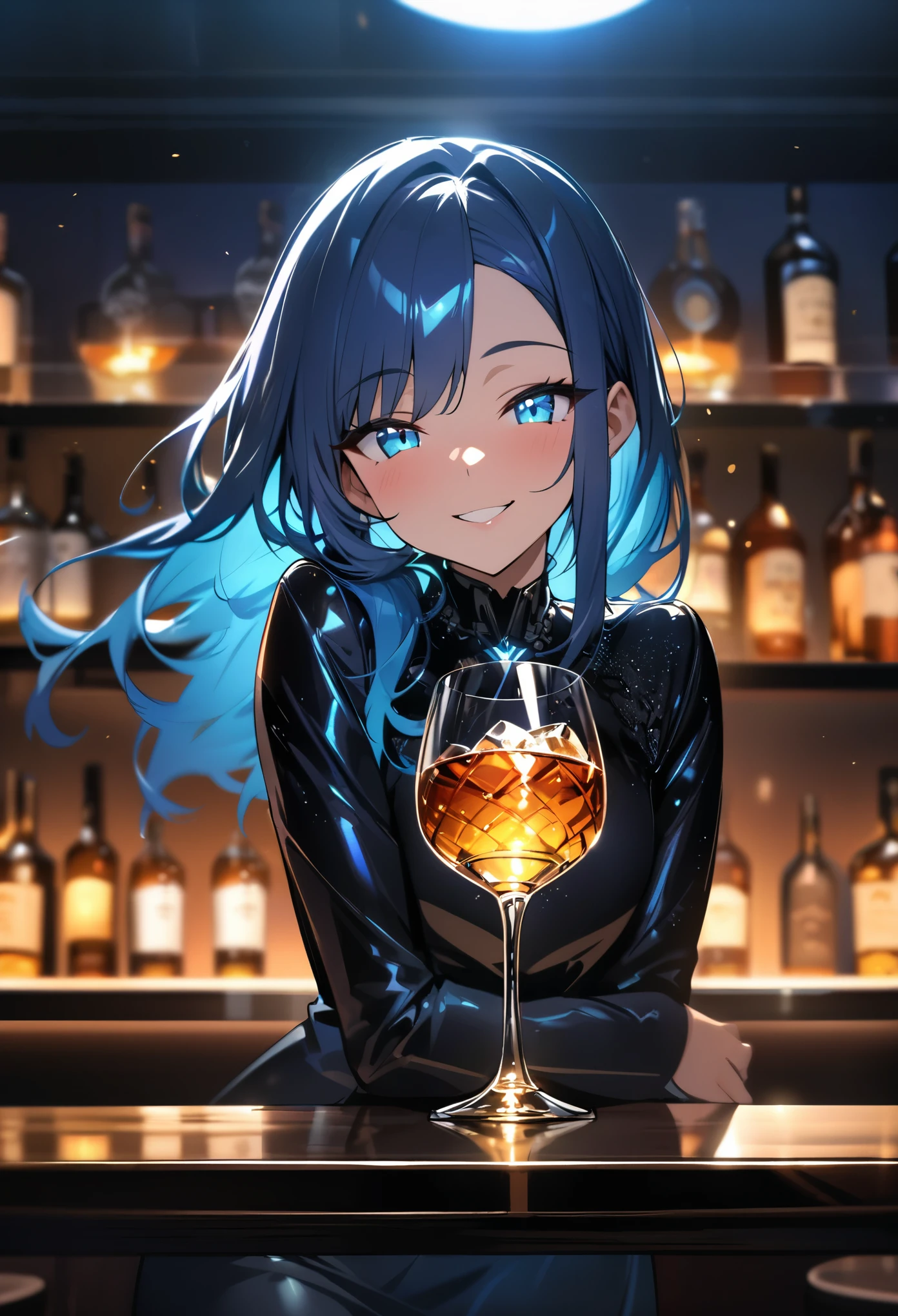 (masterpiece), (best quality), (sharp focus), (depth of field), (female): solo, (perfect face), (detailed outfit), (little girl),(smile), beautiful female,blue eyes, whole body,blue hair, long hair,(((((background of night view))))), (((in a bar))), wine, whisky, highball,(shiny luminous, effects:1.2)