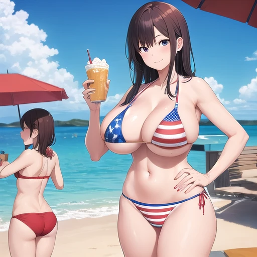 american flag print bikini,smile, ass,detailed,big breast,2woman,eating breakfast,(aduit woman and 2 children woman)