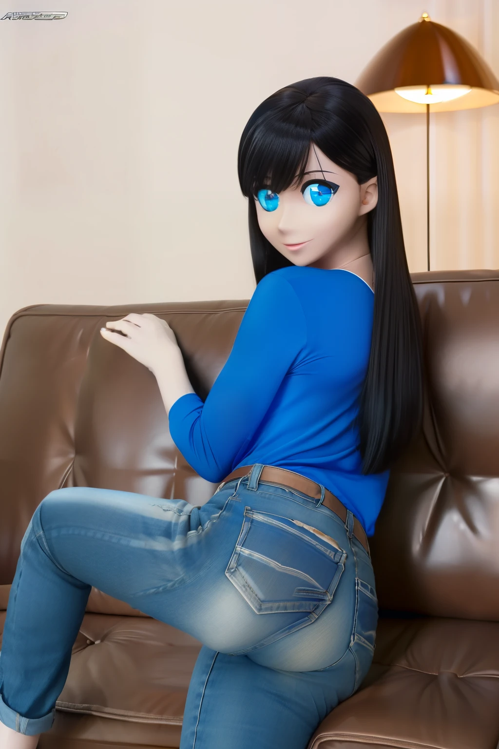 ultra high definition, highres, animatronic housewife, black hair, blue eyes, blue shirt, jeans, glowing eyes, on the couch, nsfw
