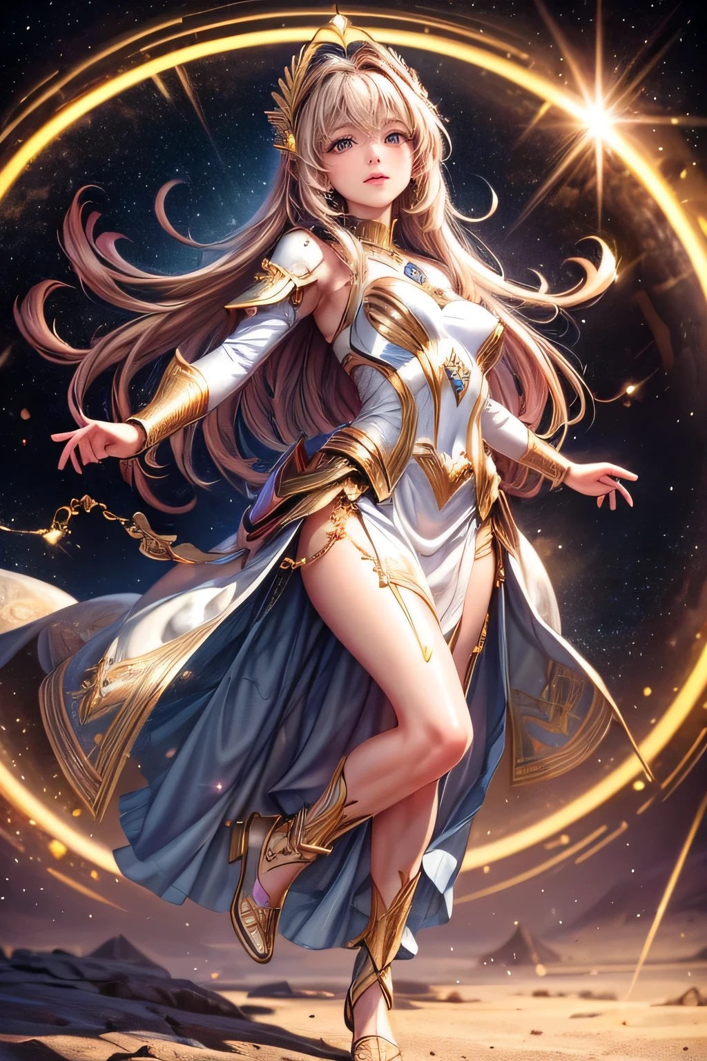 fantasic illustration, warp effect, masterpiece:1.2, highest quality, highres, 16k, beautiful detailed, ultra-realistic, photo realistic:1.37,  beautiful girl who transcends time and space, through the subspace field connecting circular stargates,  posing of passing through a stargate, growing glay eyes, shining pupils, blushed cheek, shiny rosy lips, beautiful delicate(hair, face, eyes, pupils, stargate), full-body view