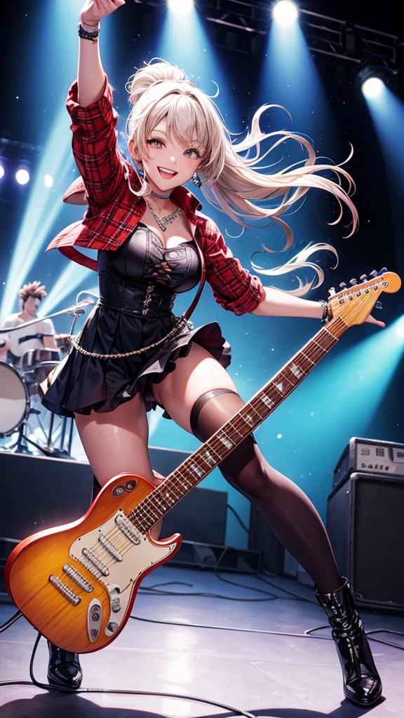 Beautiful woman, full body, jumping, picking up electric guitar at a concert, dressed as a rocker. Smiling