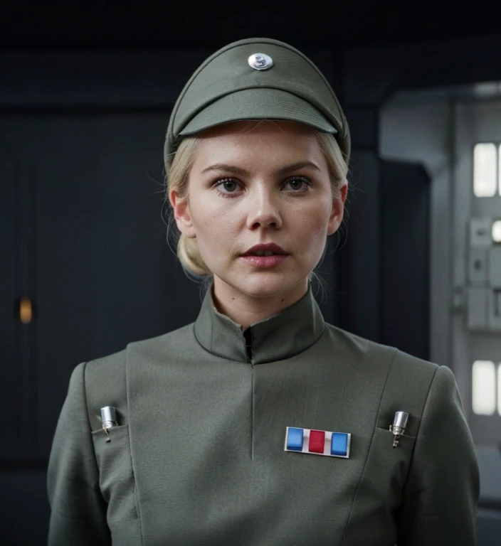 fashion photography of Elisha Cuthbert in olive gray imperialofficer uniform and hat with brim, hair in small tight bun, smooth pale white skin, haughty proud snob, pouty lips, buck teeth, sci-fi Death Star control room, sharp focus, dlsr, ultra sharp, professional Photographer, film grain, very detailed skin texture, photorealistic, no makeup