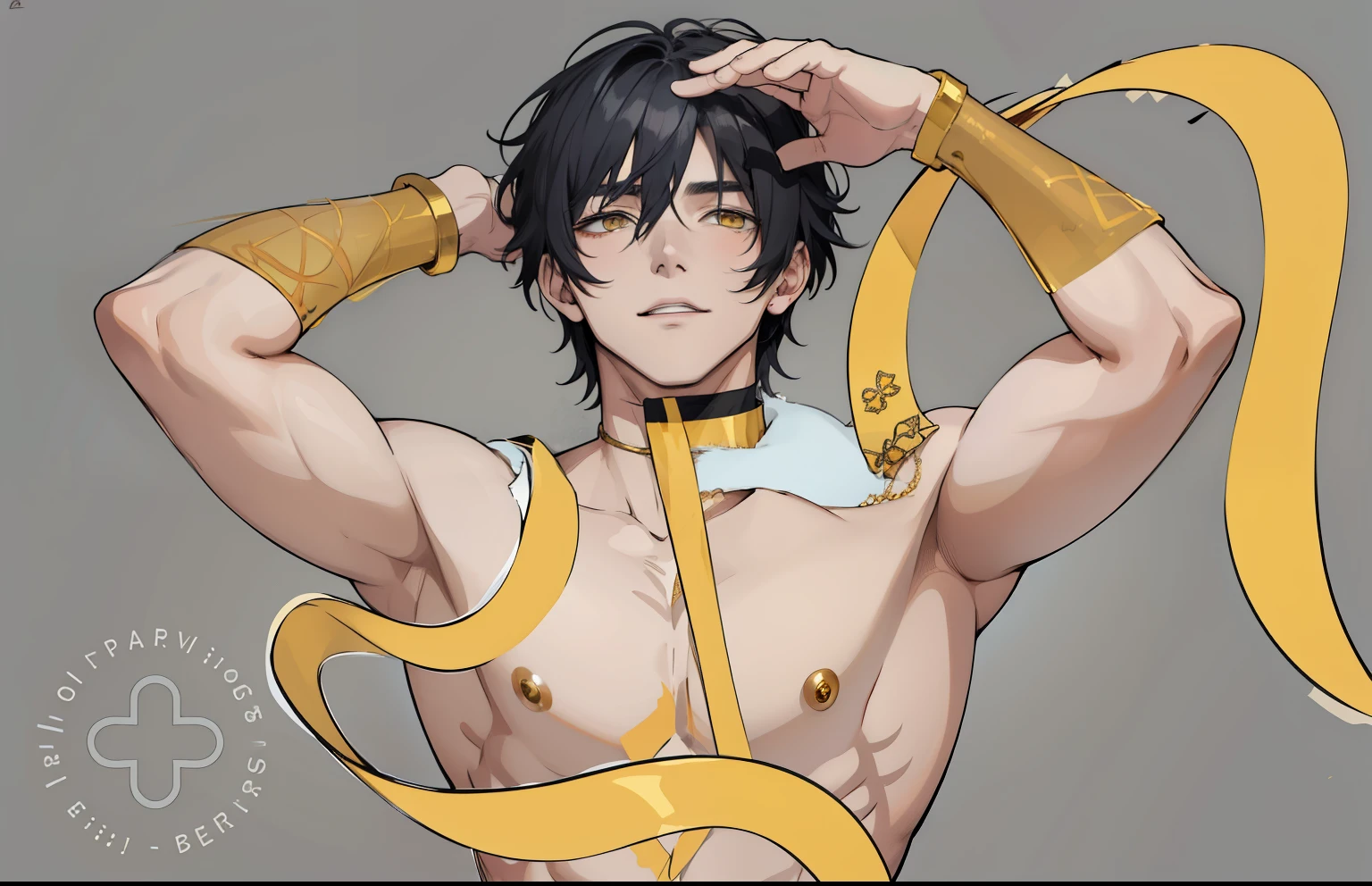 white hair yellow eyes 18 years old has golden jewelry golden bracelets and golden ribbons that flutter in the wind