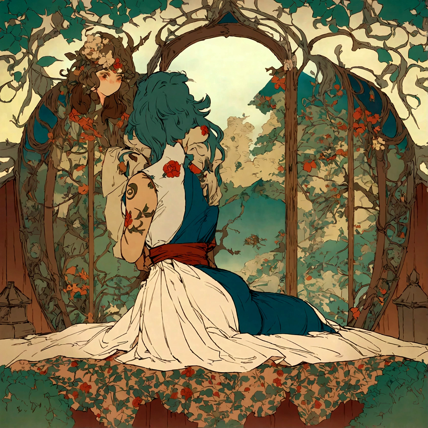 In ancient China there was a woman's back, back of head,Expose your back and hips,Above the waist,Flower tattoo on the back,Red and blue-green flowers, Lie down in bed,Floating world style, Gveiz-style artwork, Gveiz, Alphonse Mucha and Rosdrose, Beautiful artwork illustration, Li Song, by ヤン・J, author:Zou Zhe, Be quiet, By Ye Shin, author:Shitao, author:Zhou Fang, Korean Art Nouveau Animation