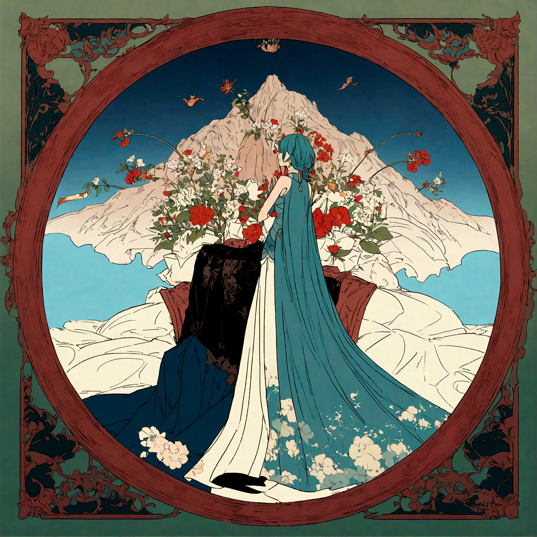 In ancient China there was a woman&#39;s back, back of head，Expose your back and hips，Above the waist，Flower tattoo on the back，Red and blue-green flowers, Lie down in bed，Floating world style, Gveiz-style artwork, Gveiz, Alphonse Mucha and Rosdrose, Beautiful artwork illustration, Li Song, by ヤン・J, author：Zou Zhe, Be quiet, By Ye Shin, author：Shitao, author：Zhou Fang, Korean Art Nouveau Animation