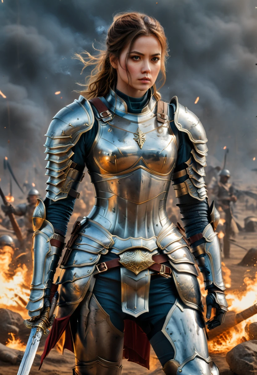 The style is a war painting style, with a female warrior wearing heavy armor and holding a long sword standing on the battlefield filled with gunpowder. Her armor is covered with traces of battle, and her gaze is firm, commanding the team to charge. The background is the battlefield filled with gunpowder, mid shot, (masterpiece, best quality, Professional, perfect composition, very aesthetic, absurdres, ultra-detailed, intricate details:1.3)