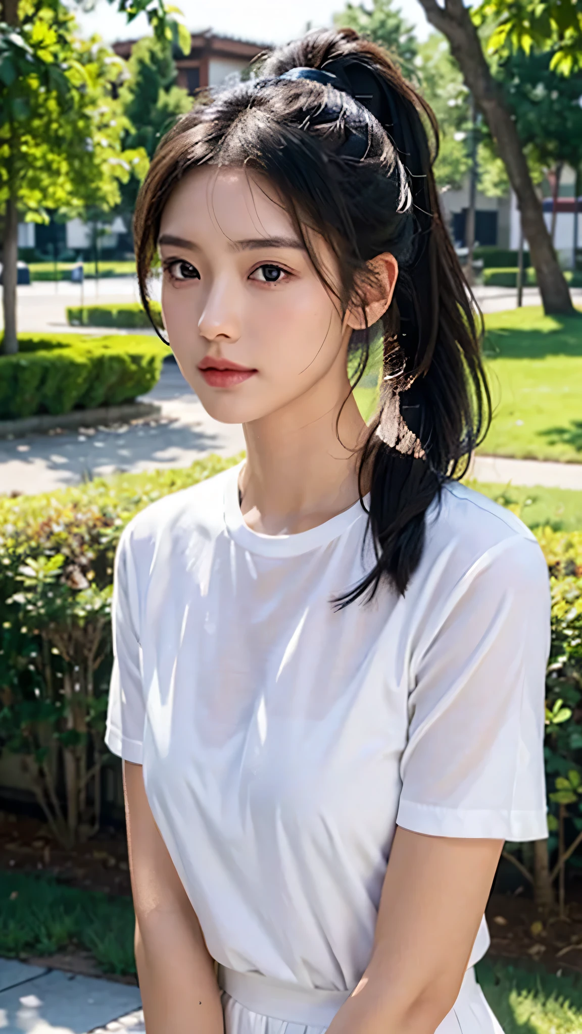 White shirt,jeans,outdoors,Urban Park,On the lawn,One woman,close up face,fully body photo,masutepiece, The highest image quality, High quality, the background is clear,Beautiful woman, Japanese, Detailed, Detailed eyes, Detailed skin, Beautiful skin, 超hight resolution, (reality: 1.4),Very beautiful woman, Slightly younger face, Beautiful skin, slender, (Ultra photo realsisim), (hight resolution), (8K), (Very detailed) (beautifully detailed eyes), (super detailed), (Detailed face), view the viewer, Fine details, Detailed face, Staring straight ahead, Staring straight ahead, photos realistic, Bright lighting, Professional Lighting, Black hair,poneyTail,a baby face,sixteen years old,Hairstyle: ponytail,Long ponytail hairstyle,slight smile,