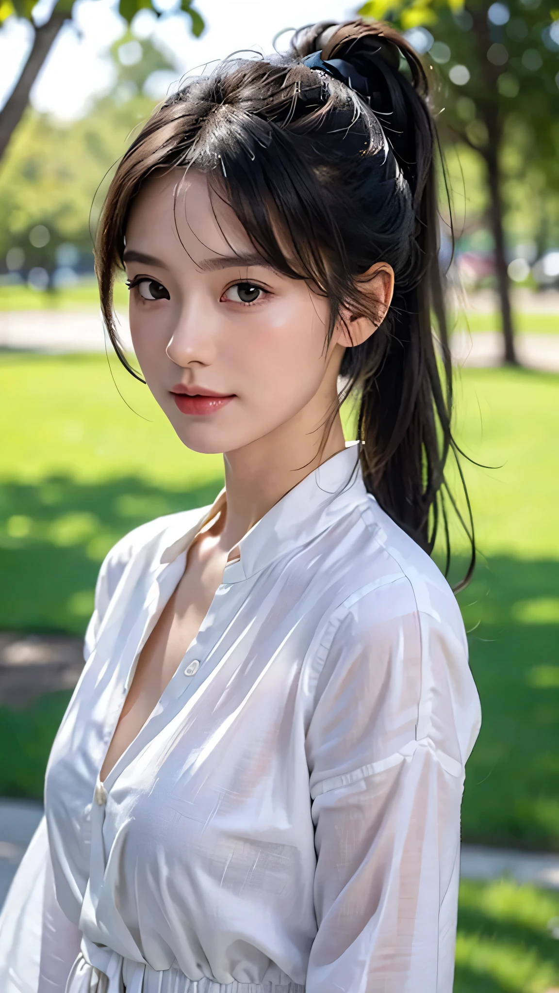 White shirt,jeans,outdoors,Urban Park,On the lawn,One woman,close up face,fully body photo,masutepiece, The highest image quality, High quality, the background is clear,Beautiful woman, Japanese, Detailed, Detailed eyes, Detailed skin, Beautiful skin, 超hight resolution, (reality: 1.4),Very beautiful woman, Slightly younger face, Beautiful skin, slender, (Ultra photo realsisim), (hight resolution), (8K), (Very detailed) (beautifully detailed eyes), (super detailed), (Detailed face), view the viewer, Fine details, Detailed face, Staring straight ahead, Staring straight ahead, photos realistic, Bright lighting, Professional Lighting, Black hair,poneyTail,a baby face,sixteen years old,Hairstyle: ponytail,Long ponytail hairstyle,slight smile,