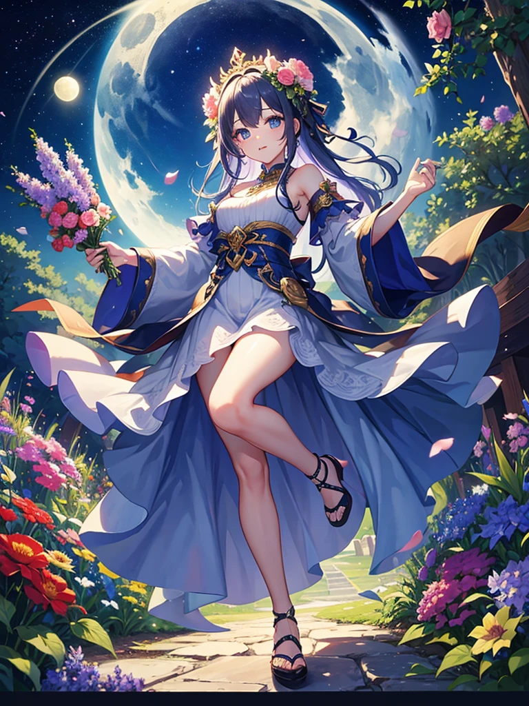 highest quality、Masterpiece、full moon、night、Flower Garden、One girl、You can see the goddess' wings from the back、Gray Hair、long hair、Hair tied up、No Shadow、Big purple eyes、Pink and green dress、Open mouth smile、Flying in the sky