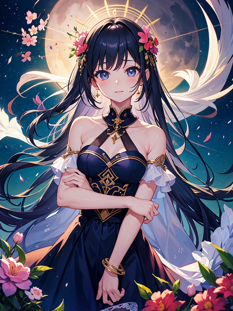 highest quality、Masterpiece、full moon、night、Flower Garden、One girl、You can see the goddess&#39; wings from the back、Gray Hair、long hair、Hair tied up、No Shadow、Big purple eyes、Pink and green dress、Open mouth smile、Flying in the sky