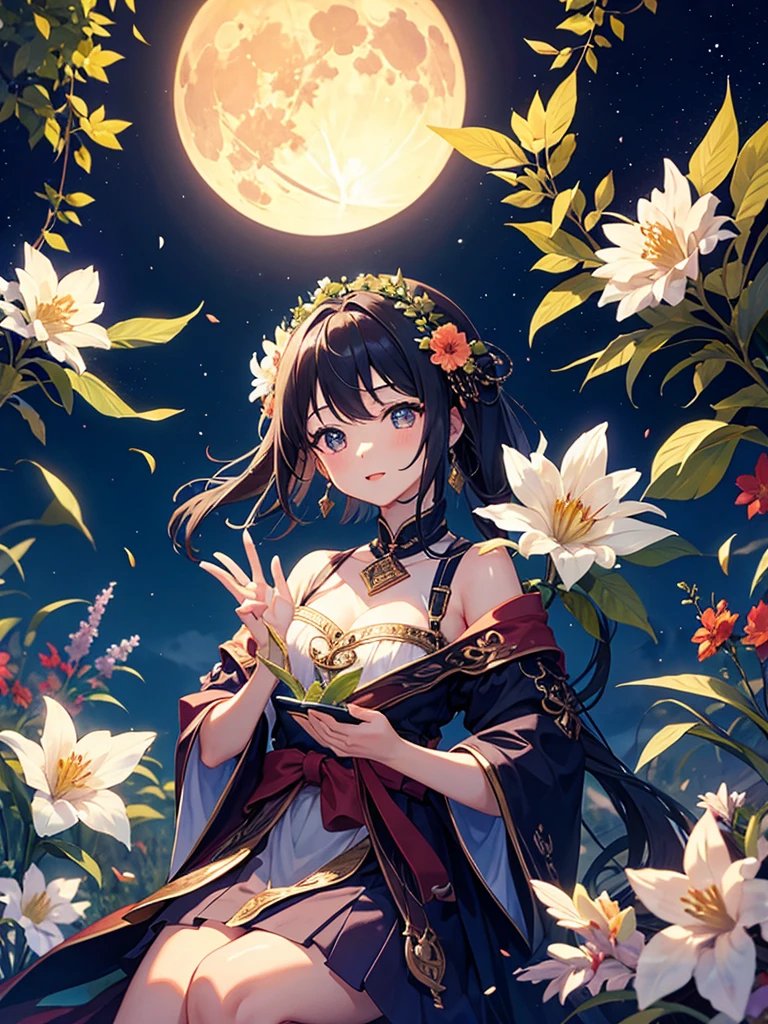highest quality、Masterpiece、full moon、night、Flower Garden、One girl、You can see the goddess' wings from the back、Gray Hair、long hair、Hair tied up、No Shadow、Big purple eyes、Pink and green dress、Open mouth smile、Flying in the sky