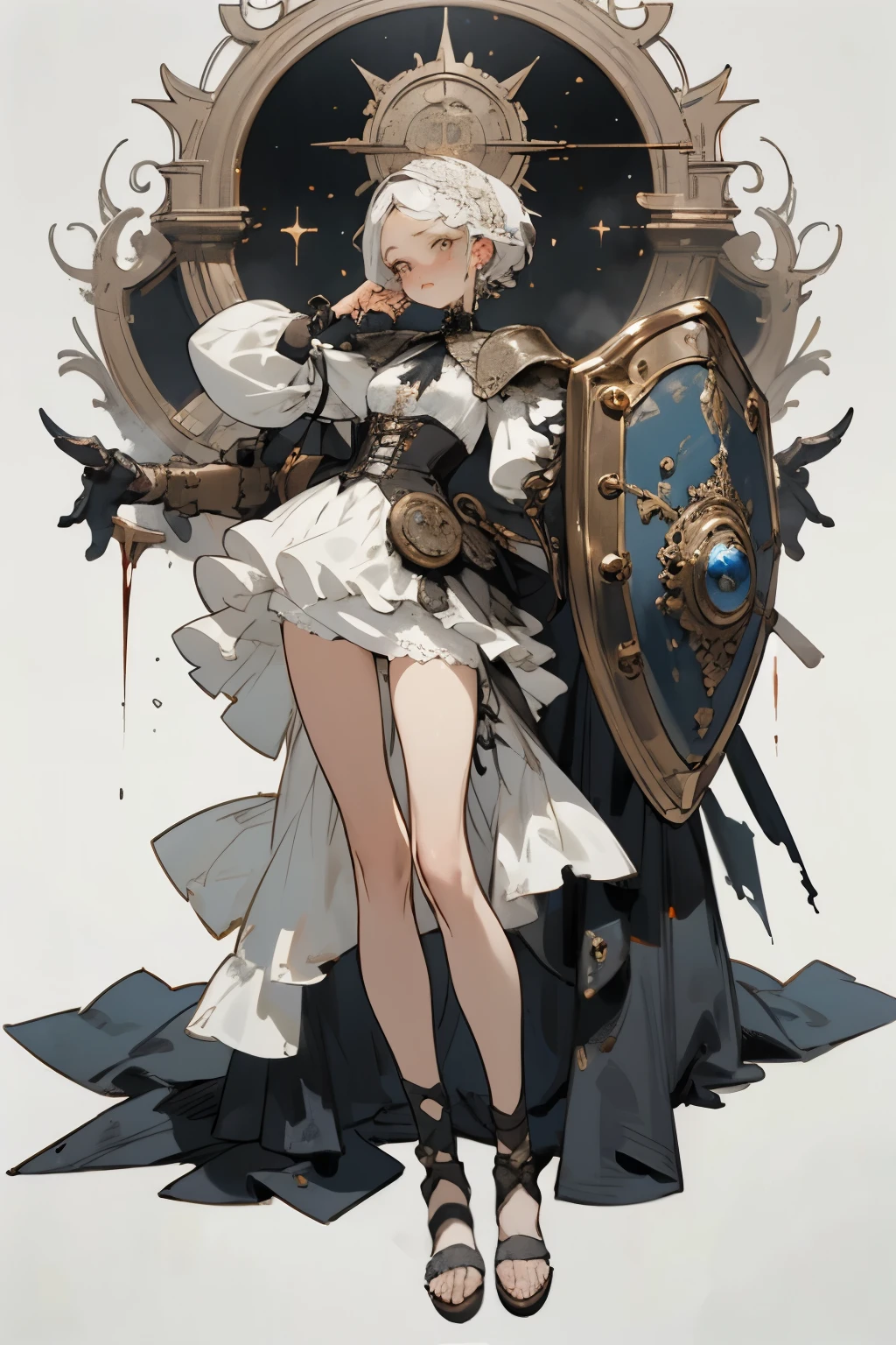((best quality)), ((masterpiece)), (detailed), perfect face ((best quality)), ((masterpiece)), (detailed), blank white background, plain background, white background, Bloodborne inspired, occult aesthetic, occult, detailed and intricate steampunk and detailed gothic, (zentangle, mandala, tangle, entangle), NSFW, torn clothing, Very dramatic and cinematic lighting, cosmic horror, grim-dark, side-lighting, perfect face, a beautiful goddess adorned and enshrined in armour, Bloodborne inspired , occult aesthetic , occult , detailed and intricate steampunk and detailed gothic , wielding a sword and holding a shield, NSFW, Fluttering lace flared short dress with frilly petticoats, knee length dress, pleated petticoats, lolita dress, petticoats gothic lolita, side-lighting, gothic lolita aesthetic, beautiful small breasts, small breasts, full body, whole body, body, plain background, white background, blank background, no background, white background NSFW, full body, whole body, head-to-toe