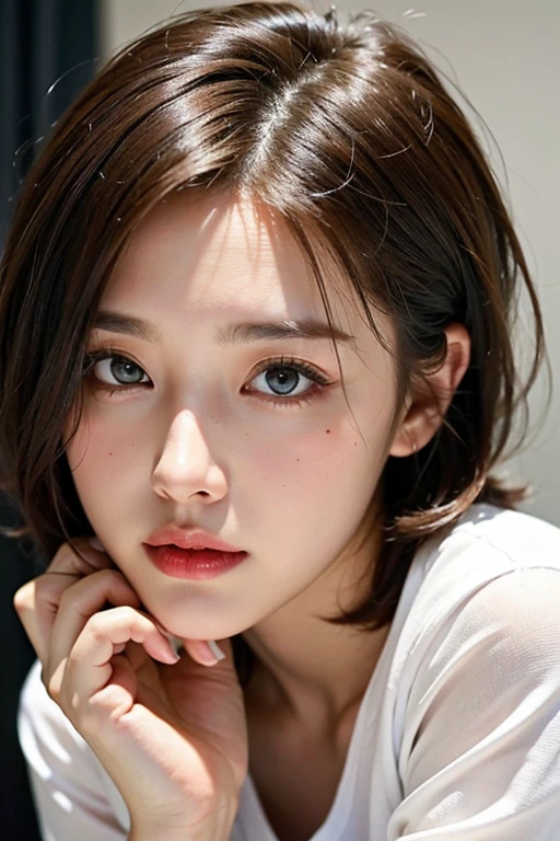 One girl,  Small breasts,, (8k, RAWphotograph, highest quality, masterpiece:1.2),(Realistic, photo-Realistic:1.37),Very delicate and beautiful,photograph,8k,In detail,Beautiful fine details,highest quality,Ultra-high resolution,((Very detailed)),(photo-Realistic:1.37),(((short hair)))、((right eye:Mole on outer corner of eye))、((Narrow waist))、(slender)、(office)、((White shirt))、Black Skirt、double eyelid、Sexy pose