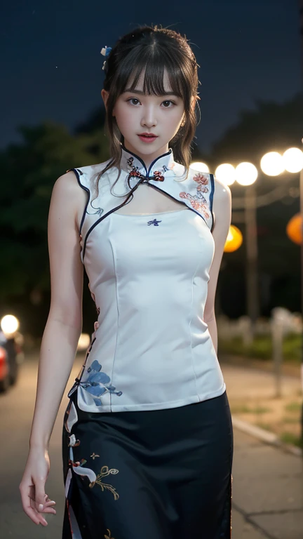 1 girl, fair, 20 years old, White skin, Bare breasts, Sexy pose, sleeveless, ((Chinese cheongsam dress)), ((Chinese Qipao Outfit)), Blue Eyes, muscle, Bokeh, Street Lunar New Year Background, masterpiece, ((night:1.1))