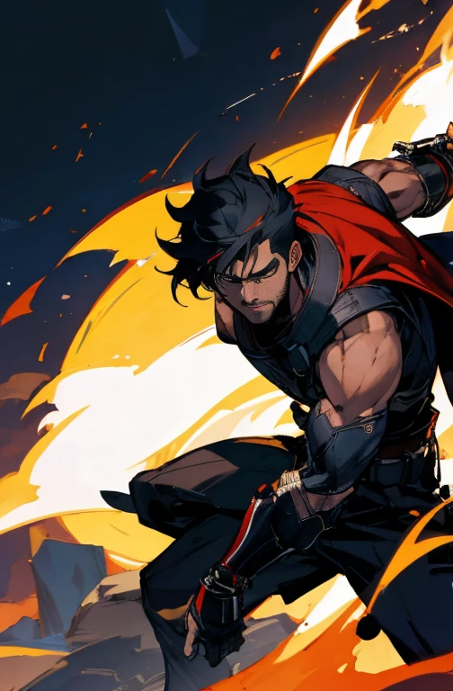 masterpiece,best quality,ultra-detailed,8k,high resolution,Correct drawing,Short Hair,A wound between the eyes,Only his right arm is a cyborg,mechanical,Prosthetic arm,Black work clothes, Face close-up,Japanese Male、Black Hair、Large physique,Thick arms,Tight waist,Wide width,2 block hairstyle,Sides are shaved,all back,A fearless smile、Warrior of Darkness,mercenary,30 year old man, sexy, Subjective and sensual poses, Showing open palm with fingers,The background is a quiet, moonlit wilderness.,prick々Beautiful Moonlight,Comet in the sky,Levitation,explosion,flame,Pillar of Fire