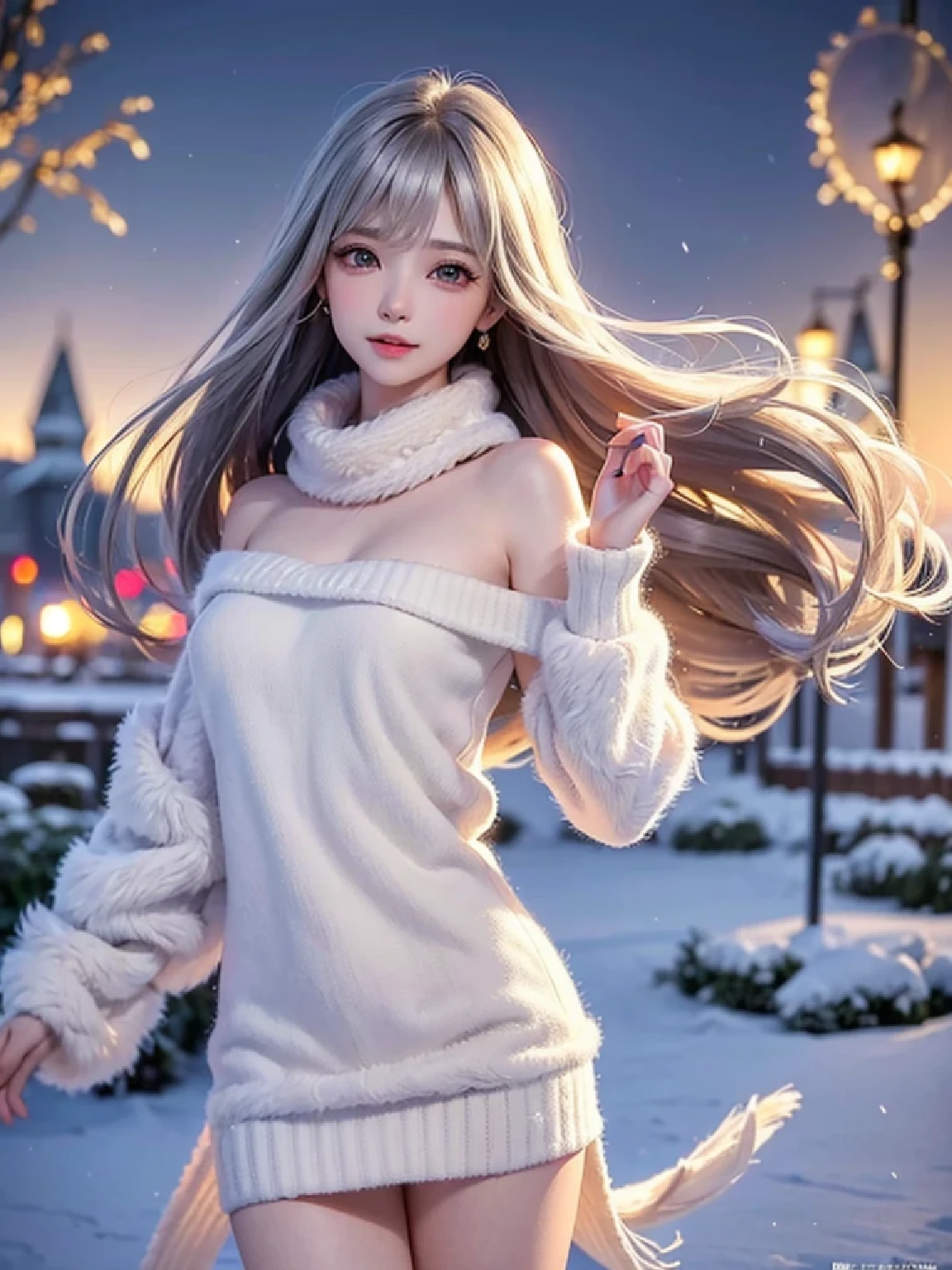 ((masterpiece:1.5、8k、Portrait、Photorealistic and very detailed CG、Very detailed、Particle Effects、Dynamic Effects、Shallow depth of field、Cinematic Light、Lens flare、Ray Tracing、Tabletop、Realistic:1.4、超A high resolution:1.2、Realistic、Realistic))((alone、,Woman wearing an off-the-shoulder fur sweater:1.4、Wear a long scarf、Elegant woman posing:、Detailed face、brightexpression、young, bright, Whiter skin、Ample breasts、Best Looks、Ultimate beauty、Shiny silver hair with highlights、Bright and shiny hair,、Super long, Silky straight hair、Hair dancing in the wind))(morning、The setting is outdoors in the snow、Surrounded by illuminations)