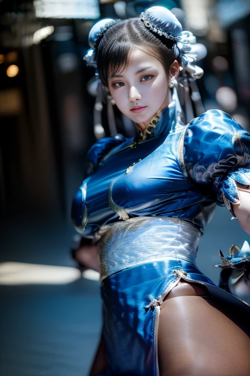 (((High Kick)))、Chun-Li from Street Fight II,The perfect Chun-Li costume,Blue Chinese dress with gold lines,Bun Head,Good cover,Fighting Pose,masterpiece、1 beautiful girl、Fine Eyes、Puffy eyes、highest quality, 超High resolution, (reality: 1.4), Cinema Lighting、Japanese、Asian Beauty、Korean、so beautiful、Beautiful Skin、Body facing forward、Face close-up、(超reality的な)、(High resolution)、(8k)、(Very detailed)、(美しくFine Eyes)、(Very detailed)、 (wall-)、Detailed face、Bright lighting、Professional Lighting、Looking at the audience、Look straight ahead、Diagonal bangs、Nogizaka Idol、Korean Idol、masterpiece, highest quality, masterpiece, highest quality, Perfect Face, Perfect brown eyes with white sclera, Bad move -5, alone, 1 girl, Upper Body, Brown Hair, From SF2, Chinese Language Services, smile, Muscular woman, Blue clothes, pantyhose, Pelvic Curtain, Puff short sleeves, Good cover, sash, evaluation:safety