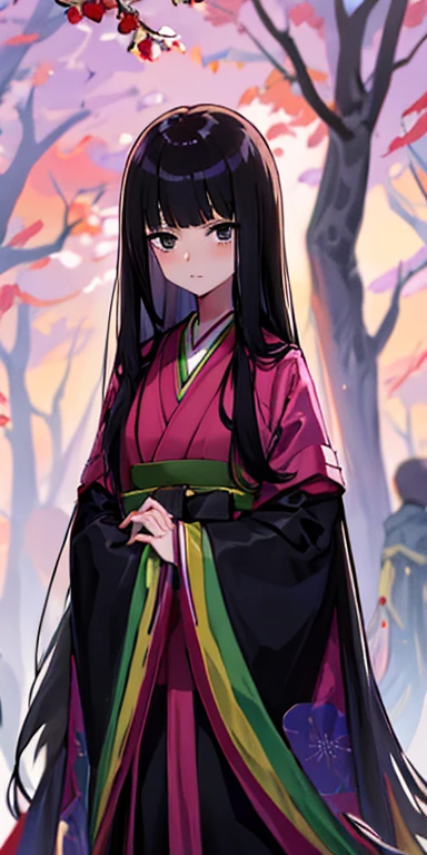 anime girl, wearing juunihitoe, all black uniform, long black hair with bangs, black eyes, beautiful, small breasts, stoic, slender