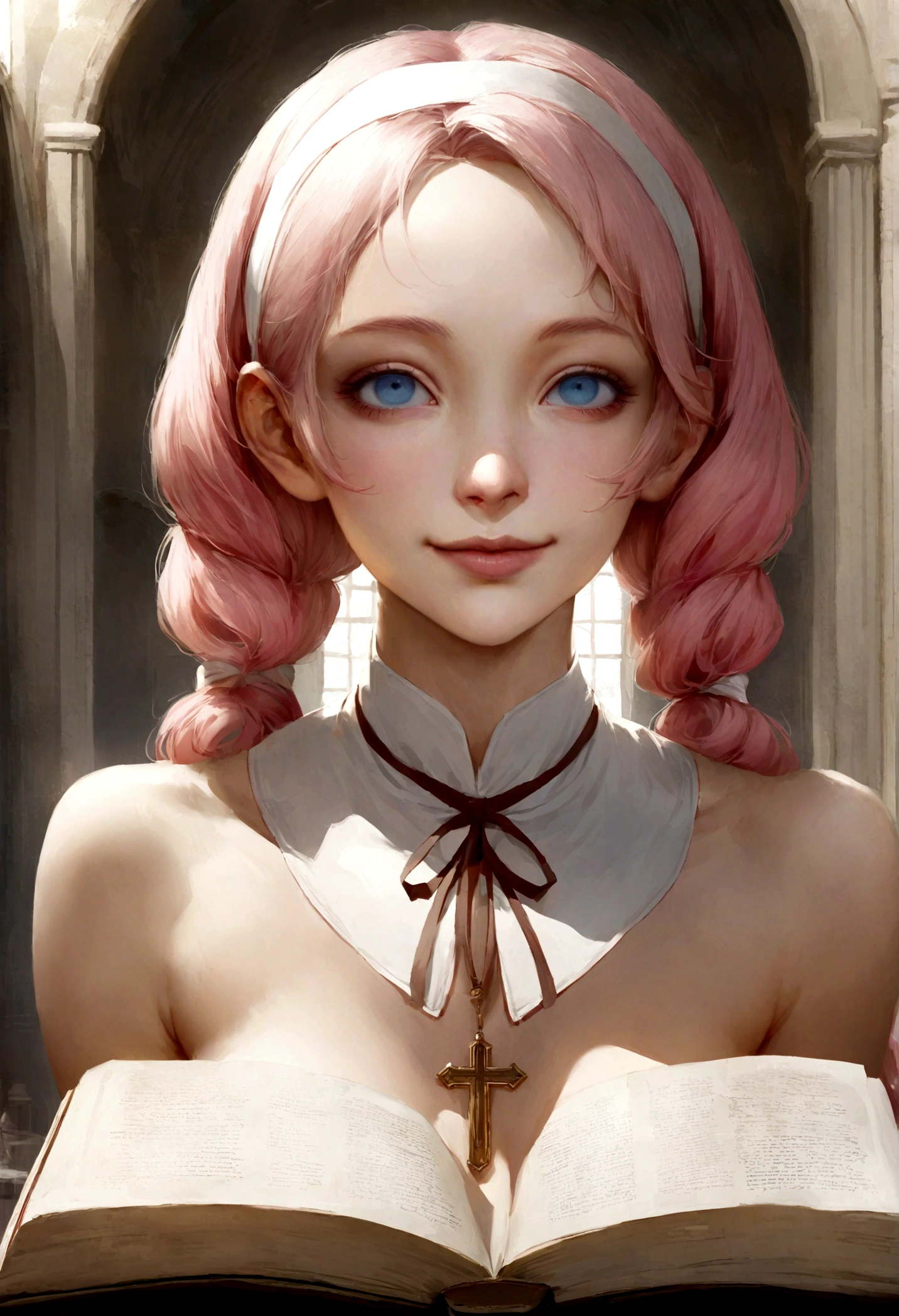 Nuns, cross, Bible, Gray Hair, church, Realistic and detailed eyes, chest, nude, old, (pink hair, twin tails twin drill, show your forehead, blue eyes, White frilled white headband, slanted eyes, smile, long sideburns, curled bangs, neck ribbon, Forehead, amount), 
